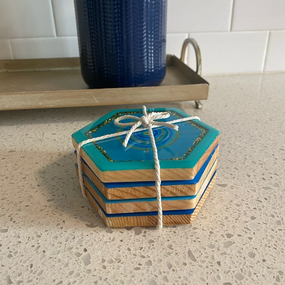 Handmade Hexagon Resin Evil Eye Coaster Set in Blue & Teal with Gold Accents - Picture 4 of 5